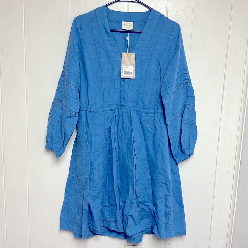 Wrap London Yarn Dyed Linen Blue Drawstring Dress Long Sleeve Size US 2